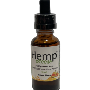 Image of a Hemp Choose™ brand full spectrum nano CBD tincture bottle with 500,000,000 nano hemp particles, 30 mL volume, citrus flavor, displayed against a black background.